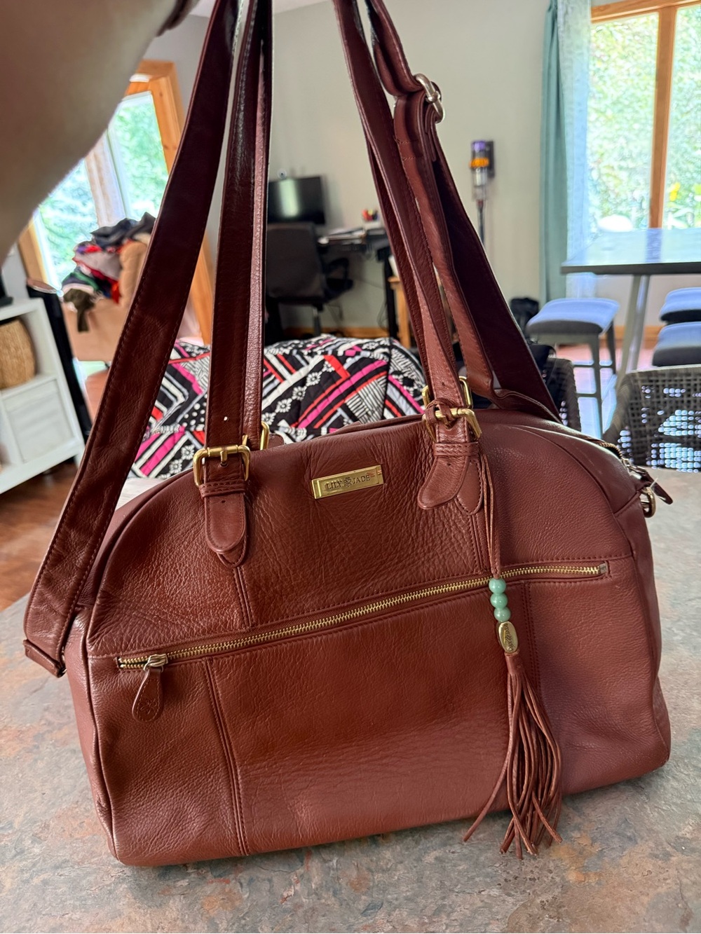 Vintage Lily Jade Leather Travel Tote with Tassel Charm